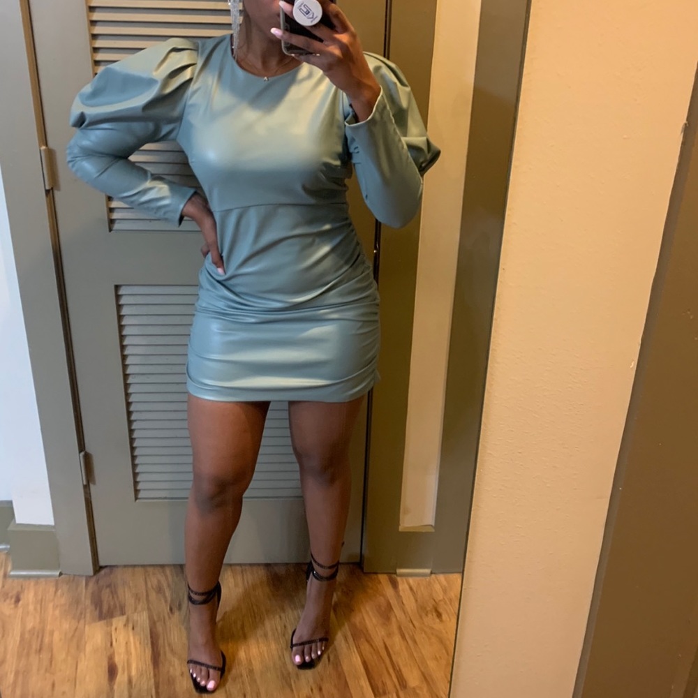 Zara Faux Leather Puff Sleeve Dress